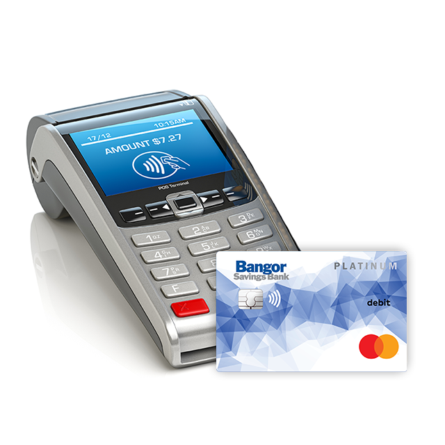 Card terminal with a Bangor Savings Bank Debit Mastercard® and a Buoy Local Card